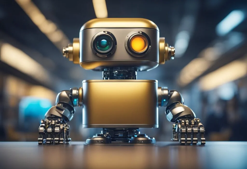 A small, golden robot with two large, round eyes (one green, one orange) stands on a table in a brightly lit home. The robot has articulated arms and a metallic finish. A small, golden robot with two large, round eyes (one green, one orange) stands on a table in a brightly lit home. The robot has articulated arms and a metallic finish.