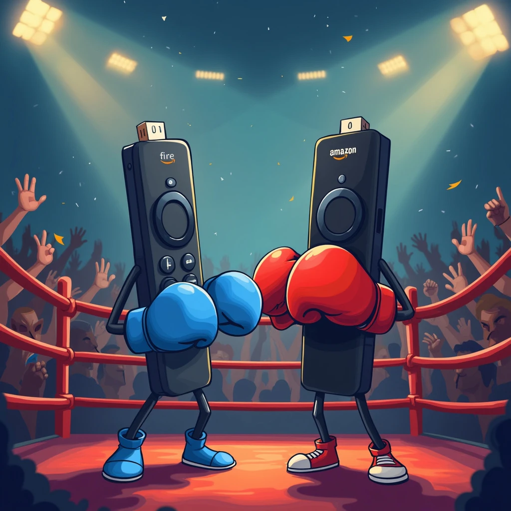 Fire stick 4K vs 4K Max, caricatures, one wearing blue boxing gloves, and the other wearing red, in a boxing ring with a chearing crowd 