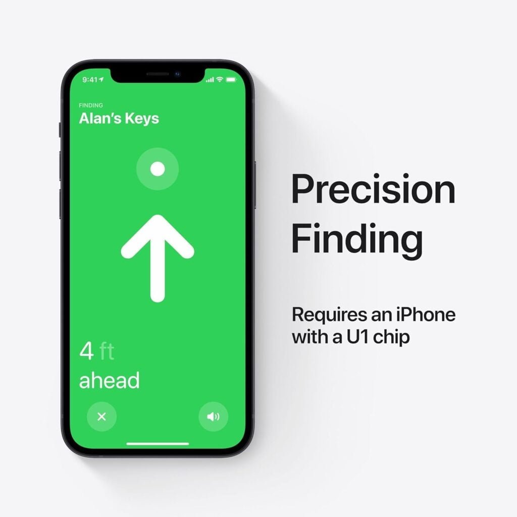 iPhone screen demonstrating Precision Finding for 'Alan's Keys' using an Apple AirTag, showcasing U1 chip functionality reviewed in our analysis