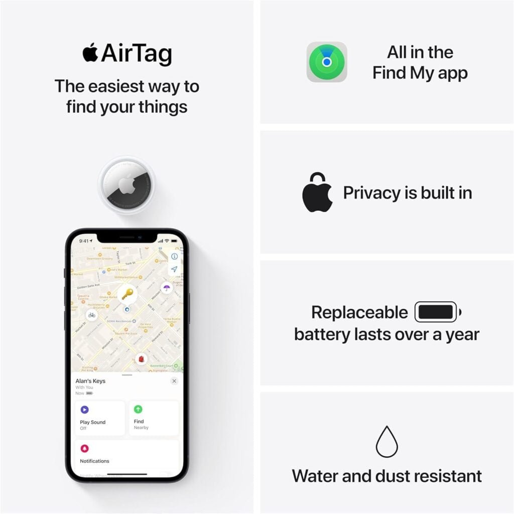 Promotional infographic detailing Apple AirTag features: object locating, Find My app integration, privacy safeguards, year-long replaceable battery, and water-dust resistance