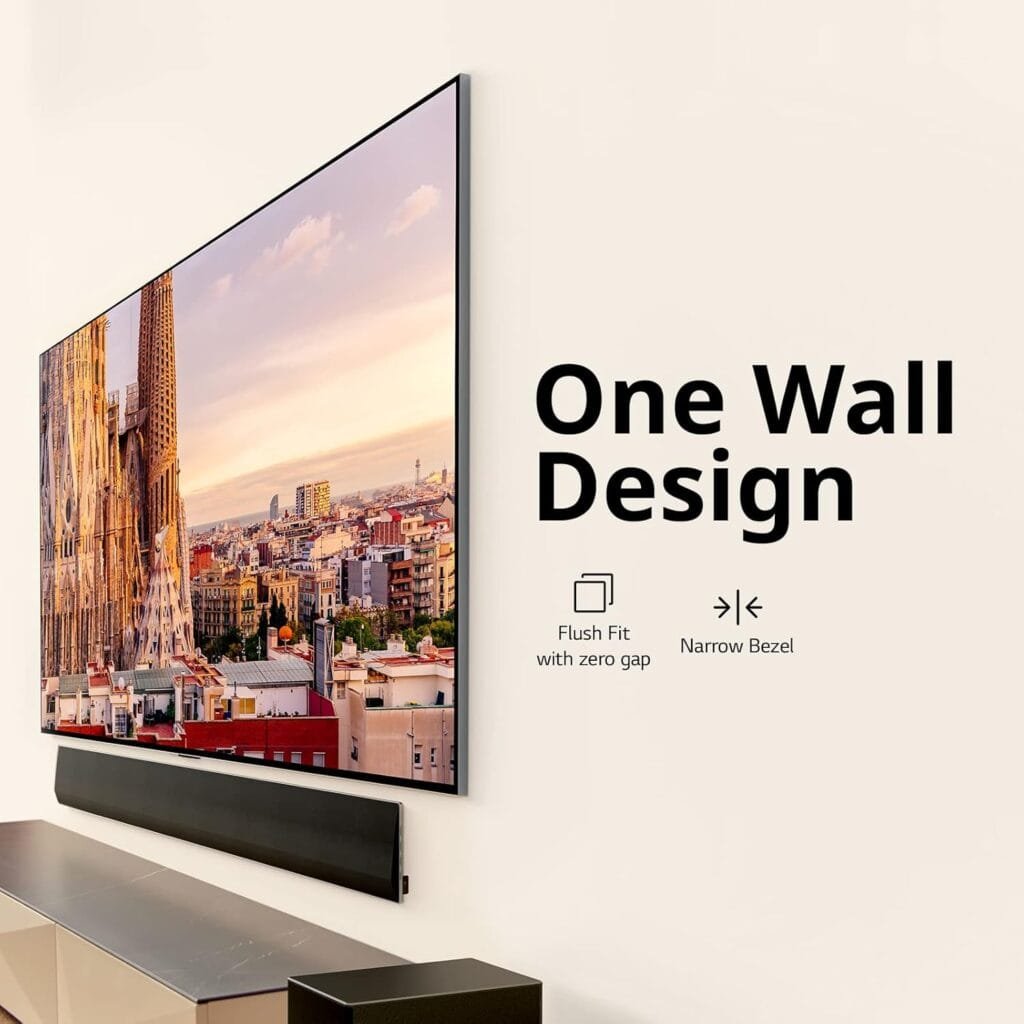 The LG G3 65-inch TV mounted on a wall displaying a cityscape. Text reads "One Wall Design" with features: "Flush Fit with zero gap" and "Narrow Bezel," highlighting the sleek profile of the LG G3 65-inch TV.