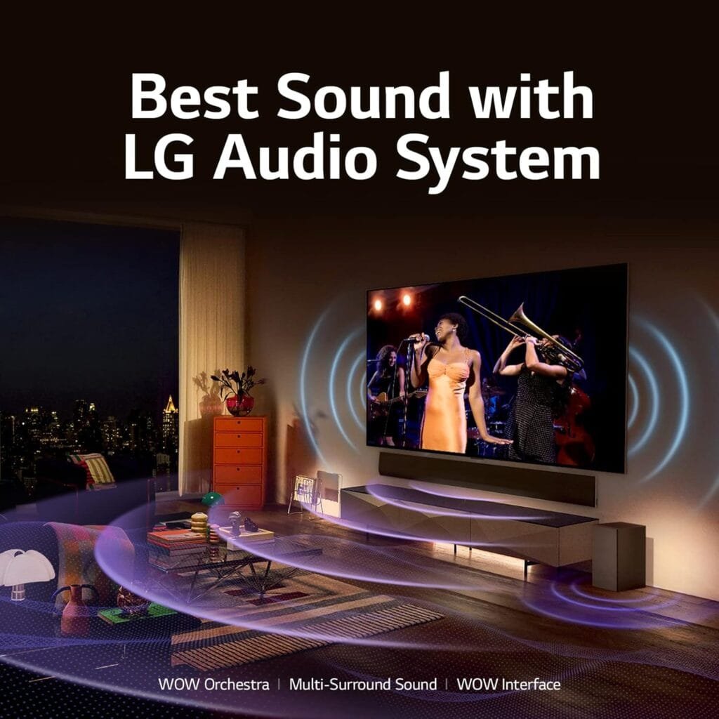 A modern living room with LG G3 65-inch TV Audio System, featuring the large screen of the LG G3 65-inch TV showing a band performance. Text reads "Best Sound with LG Audio System" with features listed below, highlighting the audio capabilities of the LG G3 65-inch TV.