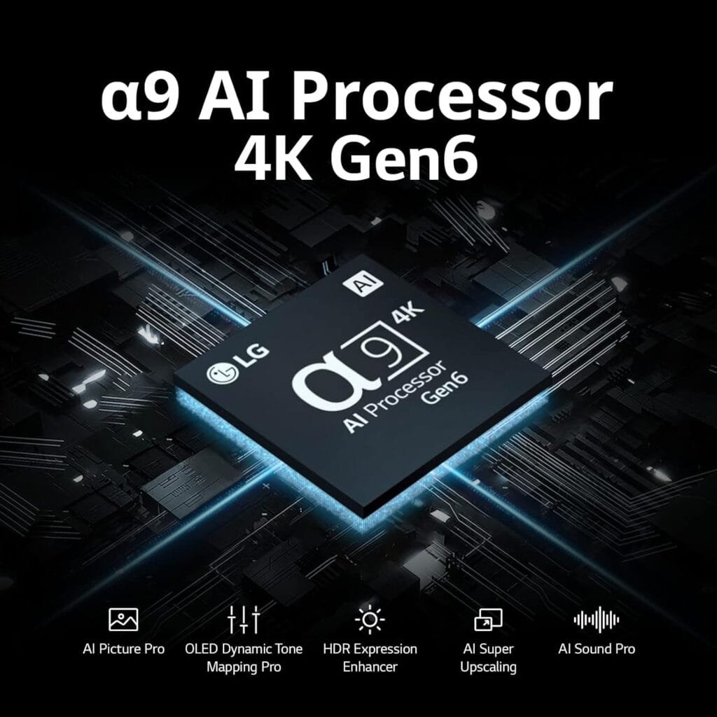 Image of an LG G3 65-inch TV's a9 AI Processor 4K Gen6 chip with various features listed, including AI Picture Pro, OLED Dynamic Tone Mapping Pro, and AI Super Upscaling. This powerful processor drives the LG G3 65-inch TV's exceptional performance.