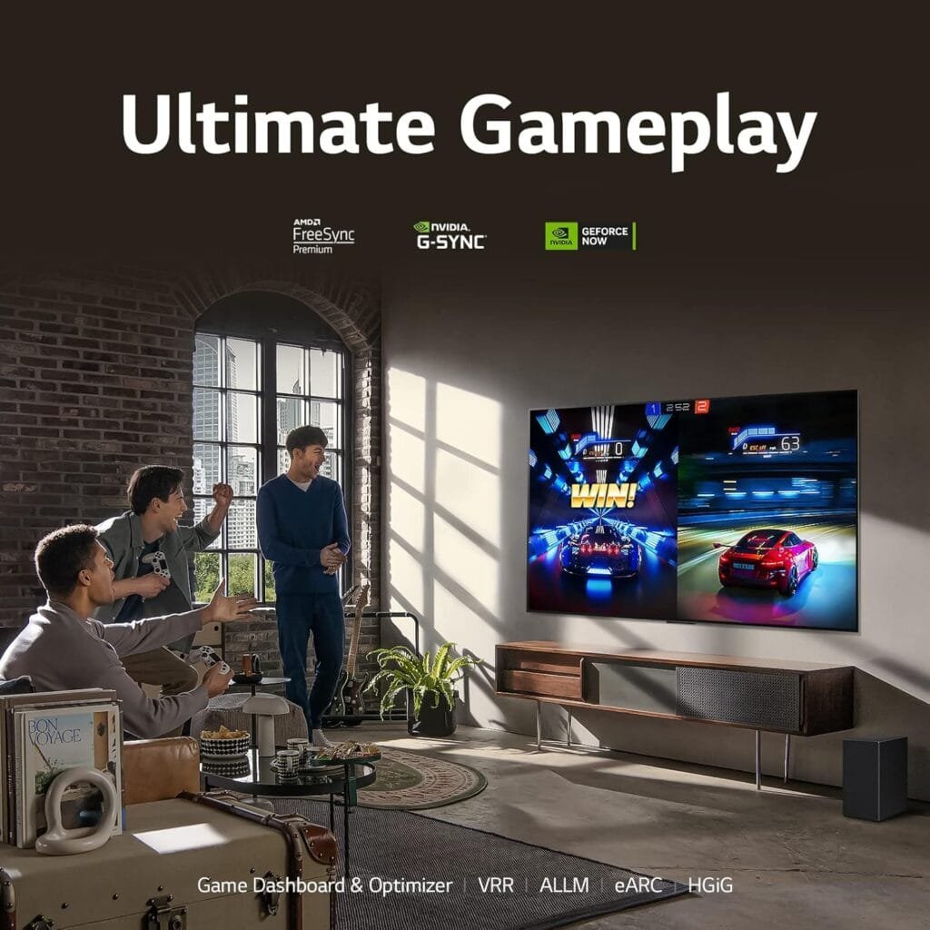 Three people in a living room play a car racing video game on the LG G3 65-inch TV. Various gaming feature logos are displayed at the top, showcasing the LG G3 65-inch TV's advanced gaming capabilities.