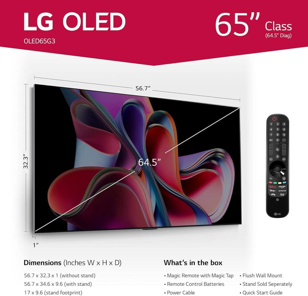 Advertisement for the LG G3 65-inch TV, model OLED65G3, showing dimensions, features, and included accessories like a remote control and power cable. The LG G3 65-inch TV's specifications and package contents are detailed in this product showcase.
