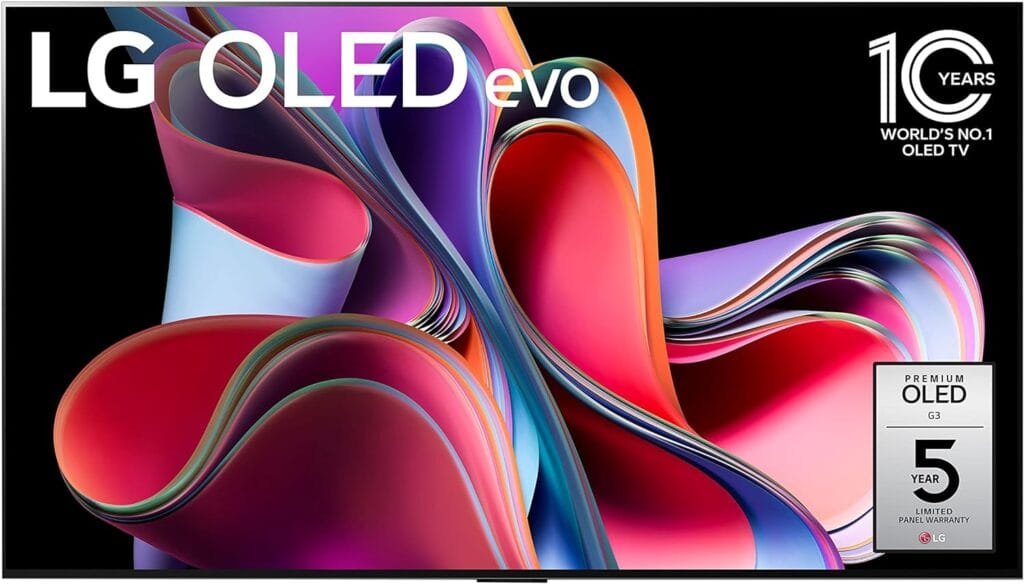 LG G3 65-inch TV OLED evo display with colorful abstract design, emphasizing its 5-year limited panel warranty and a 10-year milestone as the world's leading OLED TV. The LG G3 65-inch TV showcases cutting-edge technology and durability.