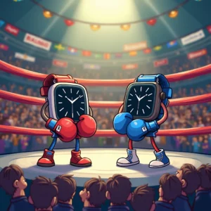 Two animated smartwatches, resembling a Samsung Galaxy Watch 7 and a Google Pixel Watch 3, face off in a boxing ring with red and blue gloves. The surrounding crowd cheers as flags wave in the background, creating an electrifying atmosphere for this thrilling comprehensive comparison.