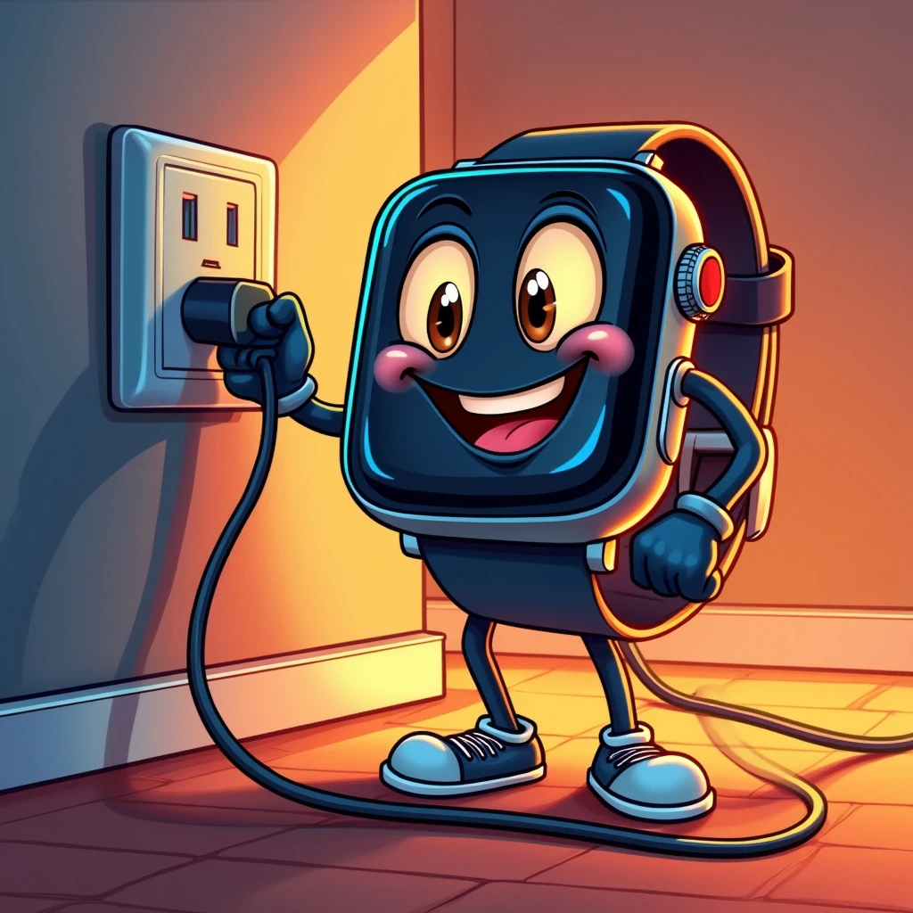 An animated Pixel Watch 3 character smiles as it plugs itself into an electrical outlet in a brightly lit room with warm colors.