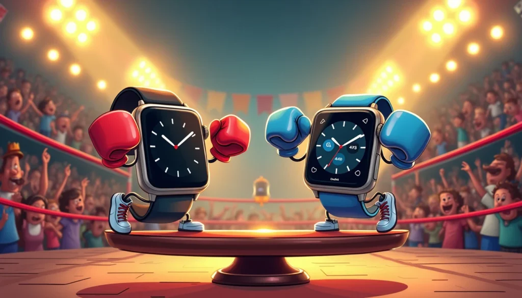 Two smartwatches, the Pixel Watch 3 and Galaxy Watch 7, dressed as boxers with red and blue gloves and shoes, stand in a boxing ring. It’s the ultimate face-off, surrounded by a cheering crowd and bright lights.