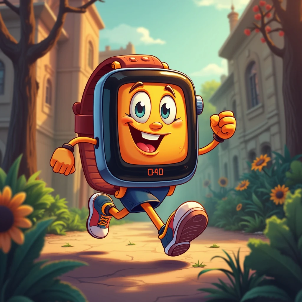 A cheerful, anthropomorphic Galaxy Watch 7 with arms and legs is running down a path, surrounded by flowers and buildings. The smartwatch displays a smiling face.