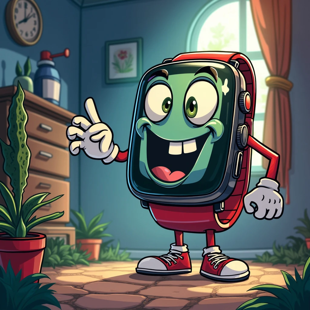 A cartoon Galaxy Watch 7 with arms, legs, and a cheerful expression stands in a cozy room with potted plants and a window in the background.