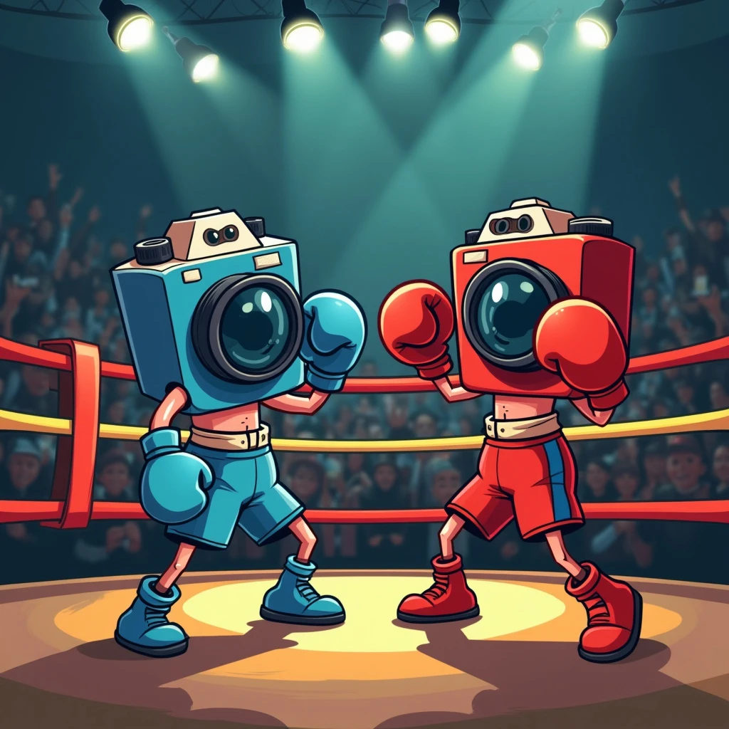 cartoon scene of a boxing ring match between two Camera mascots (Sony a7C II Mirrorless Camera,  FUJIFILM X100VI), one wearing blue boxing gloves and shorts, and the other wearing red boxing gloves