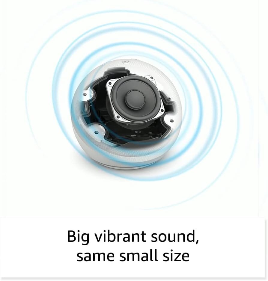 Amazon Echo Dot 5th Gen Speaker emitting sound waves with the text "Big vibrant sound, same small size" below.