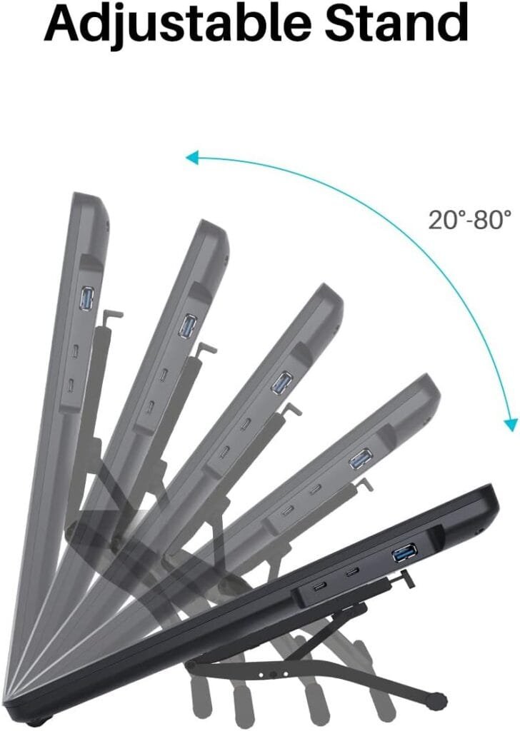 Diagram of an adjustable stand for the Huion Kamvas 22 Plus showing angles ranging from 20° to 80°. Ideal for digital artists, the image demonstrates different possible tilt positions for optimal review and creation.