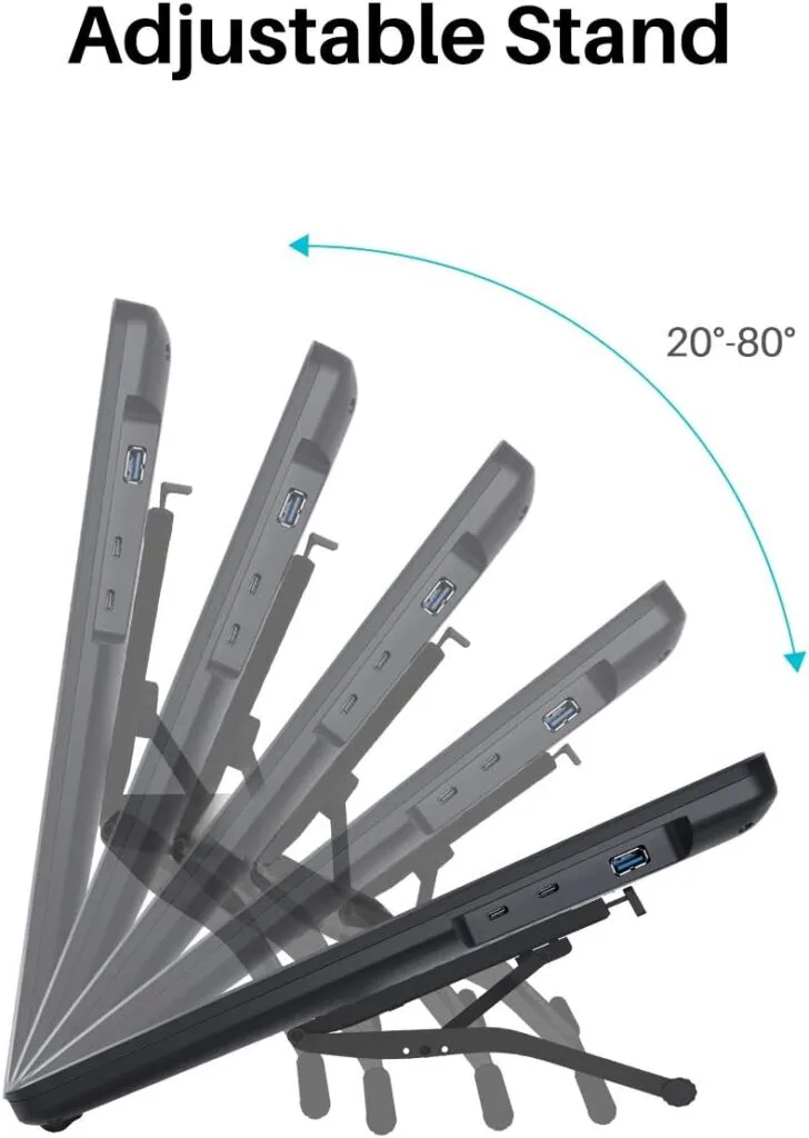 Diagram of an adjustable stand for the Huion Kamvas 22 Plus showing angles ranging from 20° to 80°. Ideal for digital artists, the image demonstrates different possible tilt positions for optimal review and creation.