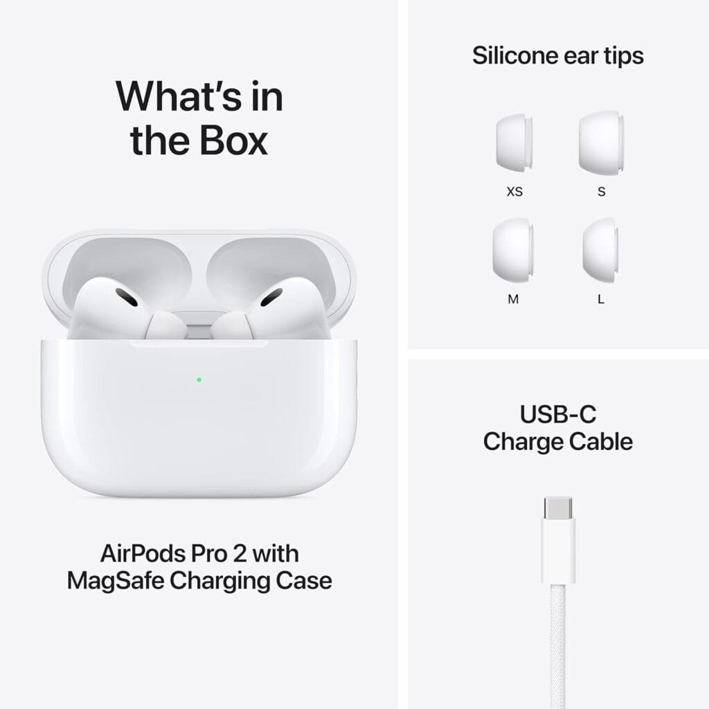 Image showcasing the contents of an upgraded box: a pair of AirPods Pro 2 with a MagSafe charging case, three sizes of silicone ear tips, and a USB-C to MagSafe charging cable. Perfect for those seeking an enhanced audio experience.