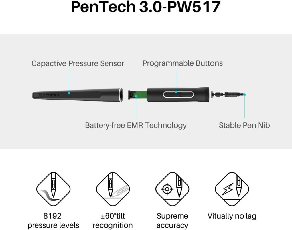 Ideal for digital artists, the Huion Kamvas 22 Plus stylus features a stable pen nib, battery-free EMR technology, capacitive pressure sensor, and programmable buttons. Highlighted features include 8192 pressure levels, ±60° tilt recognition, and no lag.
