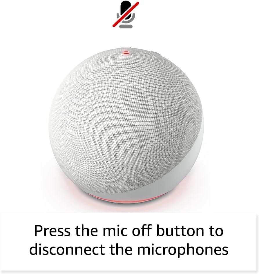 Amazon Echo Dot 5th Gen Smart speaker with a red light indicating the microphone is off. Text reads, "Press the mic off button to disconnect the microphones.