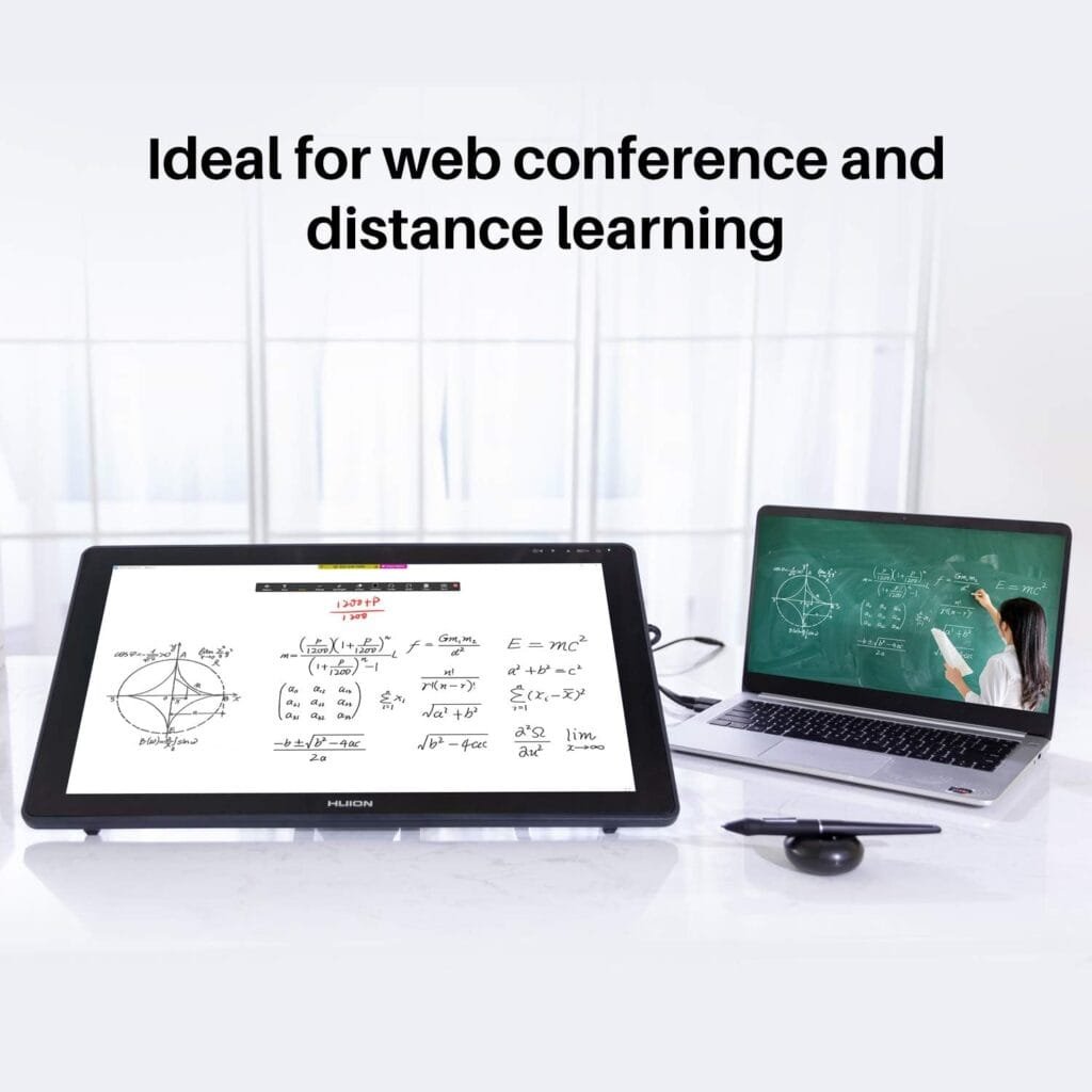 A tablet and a laptop displaying educational content are set up on a desk in a bright, modern room. The text above reads, "Ideal for web conference and distance learning, perfect for digital artists using devices like the Huion Kamvas 22 Plus.