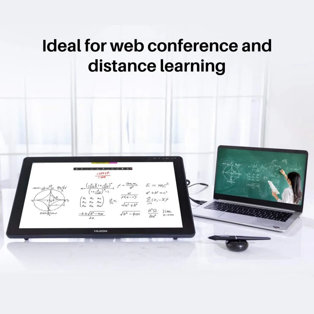 A tablet and a laptop displaying educational content are set up on a desk in a bright, modern room. The text above reads, "Ideal for web conference and distance learning, perfect for digital artists using devices like the Huion Kamvas 22 Plus.