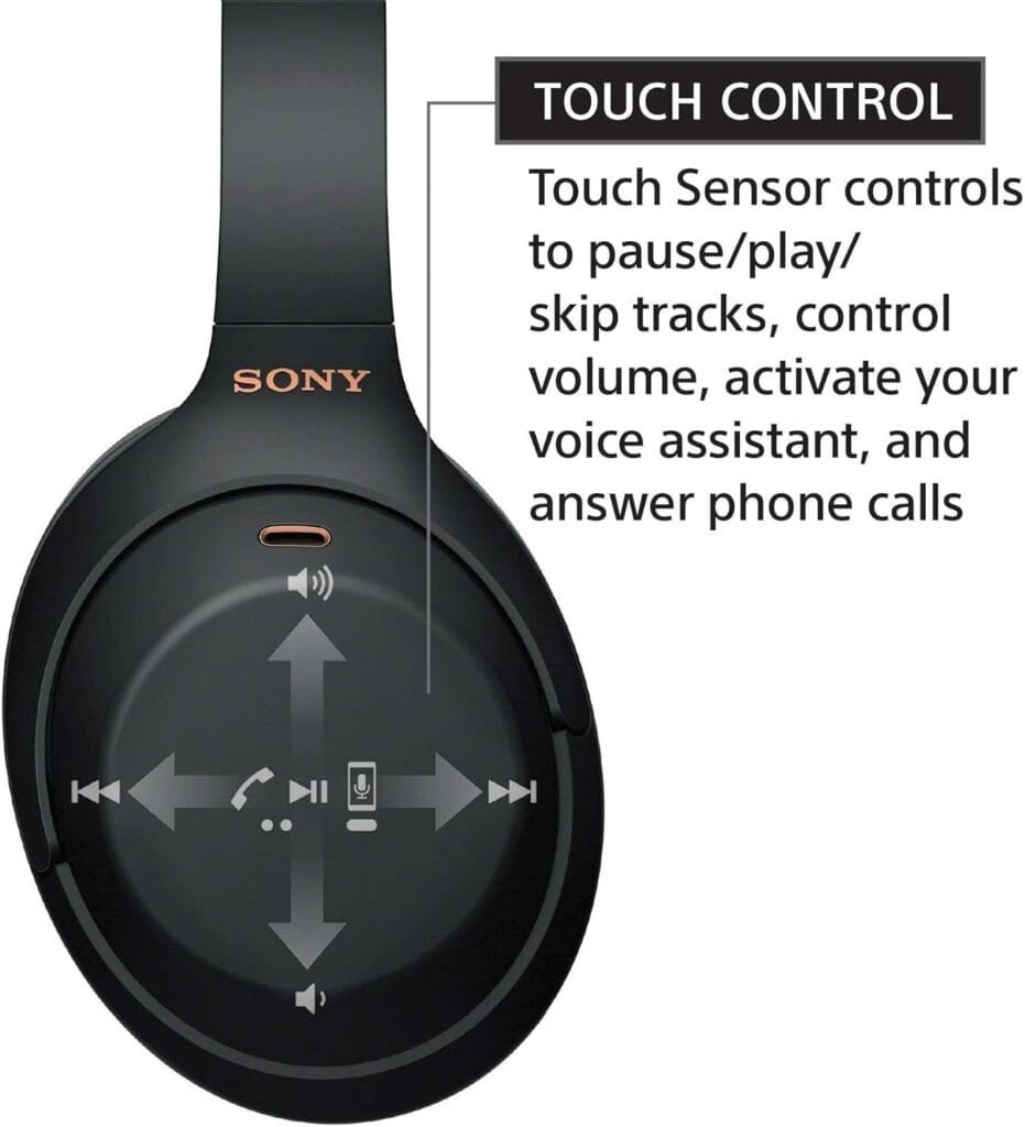 The Sony WH-1000XM4, noise-cancelling headphones offer touch control features: pause/play, skip tracks, adjust volume, activate voice assistants, and answer calls.