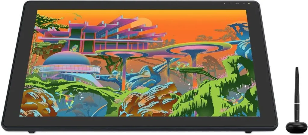 A digital drawing tablet, specifically the Huion Kamvas 22 Plus, displays a colorful sci-fi landscape with futuristic architecture and lush vegetation. Ideal for digital artists, a stylus pen stands beside the tablet, ready to bring these imaginative realms to life.