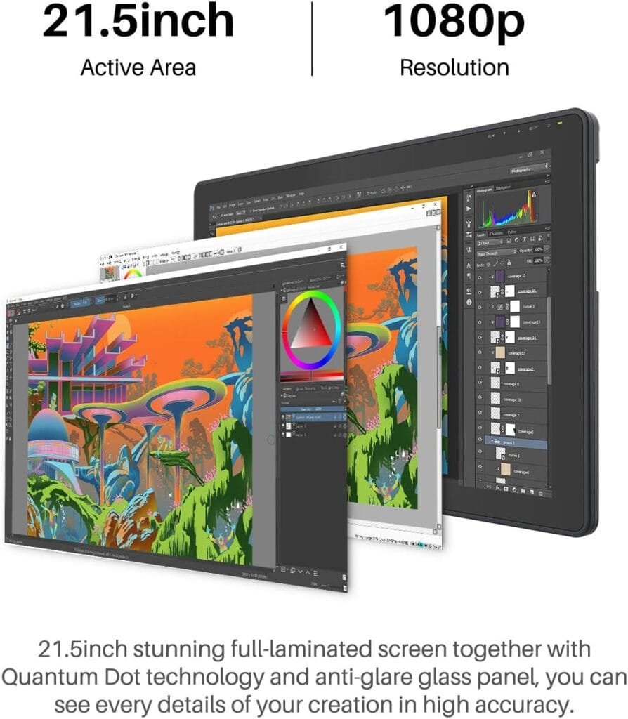 The Huion Kamvas 22 Plus boasts a 21.5-inch laminated screen, 1080p resolution, Quantum Dot technology, and an anti-glare glass panel, offering digital artists a vibrant design interface. Perfect for any review seeking high performance and stunning visuals.