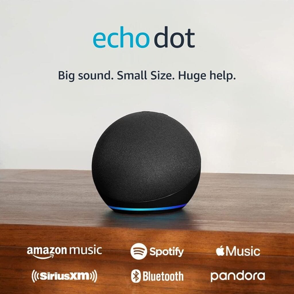 Amazon Echo Dot 5th Gen smart speaker on a wooden surface with icons for Amazon Music, SiriusXM, Spotify, Bluetooth, Apple Music, and Pandora. Text reads, "Big sound. Small size. Huge help.